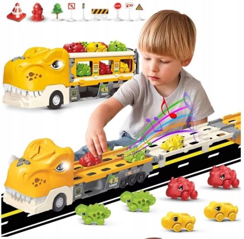 DINOZAUR Ciężarówka Auta Tor Wyścigowy Laweta Nauka Znaków Drogowych