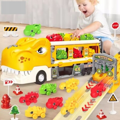 DINOZAUR Ciężarówka Auta Tor Wyścigowy Laweta Nauka Znaków Drogowych