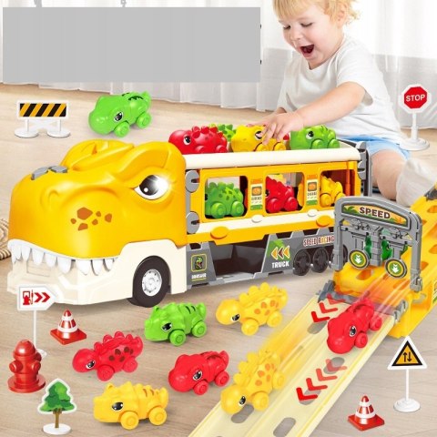 DINOZAUR Ciężarówka Auta Tor Wyścigowy Laweta Nauka Znaków Drogowych