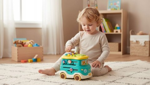 DUŻY Interaktywny Autobus Edukacyjny Montessori Młoteczek Sorter Wbijak