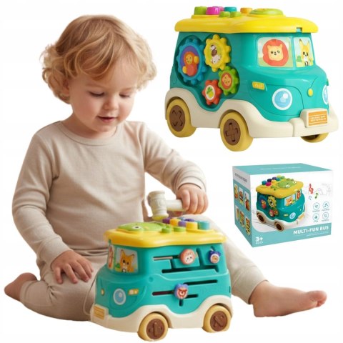 DUŻY Interaktywny Autobus Edukacyjny Montessori Młoteczek Sorter Wbijak