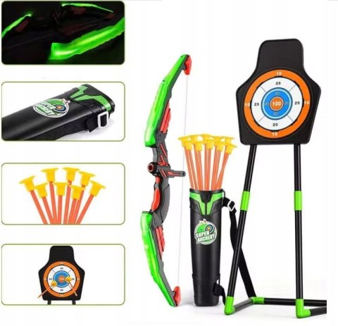 DUŻY ŁUK ŚWIECĄCY LED ZESTAW STRZELECKI STRZAŁY TARCZA KOŁCZAN BEZPIECZNY