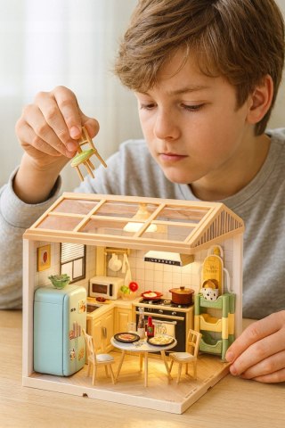 MINIATUROWY Domek dla Lalek KUCHNIA Model 3D DIY do Złożenia 125 el. Lampki