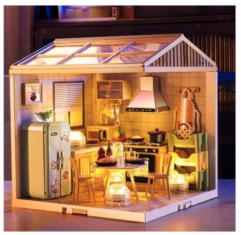 MINIATUROWY Domek dla Lalek KUCHNIA Model 3D DIY do Złożenia 125 el. Lampki