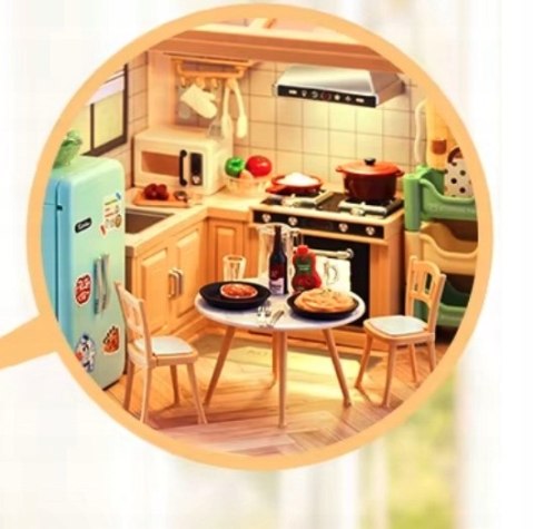MINIATUROWY Domek dla Lalek KUCHNIA Model 3D DIY do Złożenia 125 el. Lampki