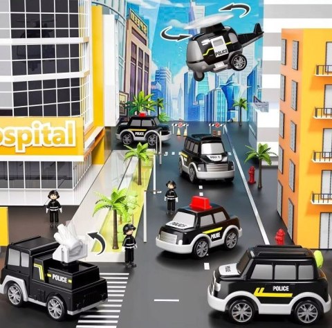 SAMOCHÓD Policyjny Zestaw POJAZDÓW NA Napęd Laweta LED Muzyka 7w1