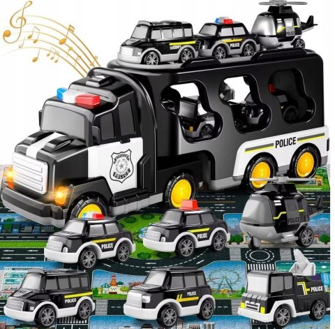 SAMOCHÓD Policyjny Zestaw POJAZDÓW NA Napęd Laweta LED Muzyka 7w1