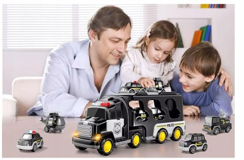 SAMOCHÓD Policyjny Zestaw POJAZDÓW NA Napęd Laweta LED Muzyka 7w1