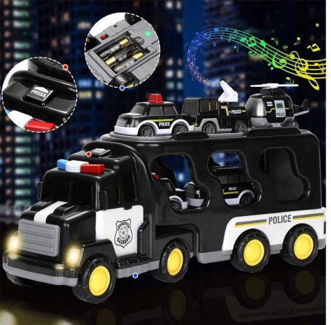 SAMOCHÓD Policyjny Zestaw POJAZDÓW NA Napęd Laweta LED Muzyka 7w1