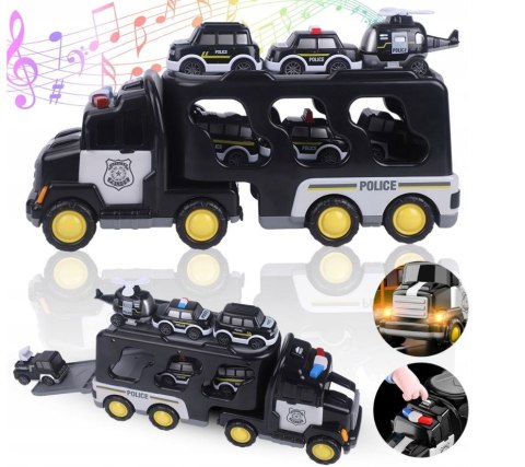SAMOCHÓD Policyjny Zestaw POJAZDÓW NA Napęd Laweta LED Muzyka 7w1
