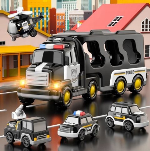 SAMOCHÓD Policyjny Zestaw POJAZDÓW NA Napęd Laweta LED Muzyka 7w1