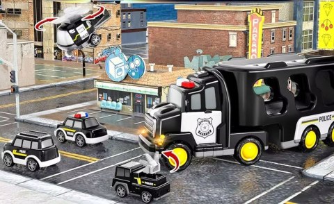 SAMOCHÓD Policyjny Zestaw POJAZDÓW NA Napęd Laweta LED Muzyka 7w1