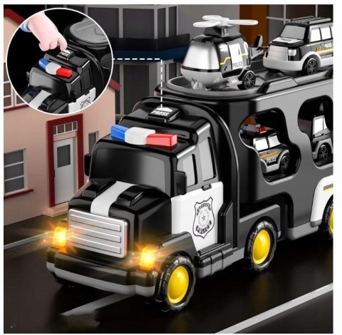SAMOCHÓD Policyjny Zestaw POJAZDÓW NA Napęd Laweta LED Muzyka 7w1