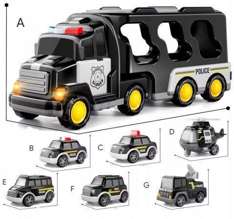 SAMOCHÓD Policyjny Zestaw POJAZDÓW NA Napęd Laweta LED Muzyka 7w1