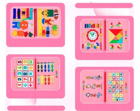 TABLICA Manipulacyjna Sensoryczna MONTESSORI Zegar Walizka Materiałowa 8w1