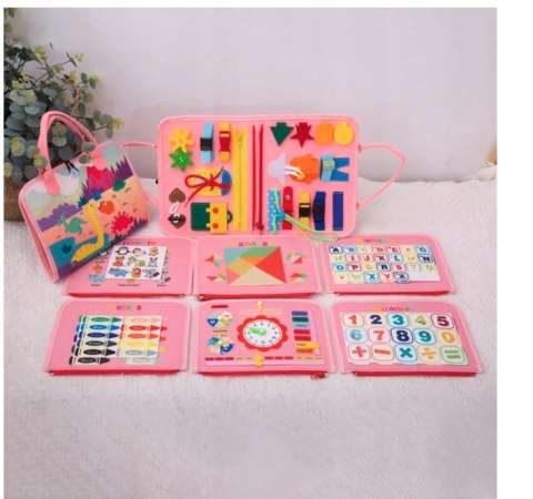 TABLICA Manipulacyjna Sensoryczna MONTESSORI Zegar Walizka Materiałowa 8w1