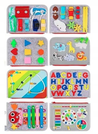 TABLICA Manipulacyjna Sensoryczna MONTESSORI Zegar Walizka Materiałowa 8w1