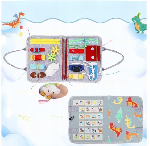 TABLICA Manipulacyjna Sensoryczna MONTESSORI Zegar Walizka Materiałowa 8w1