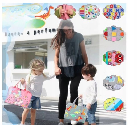 TABLICA Manipulacyjna Sensoryczna MONTESSORI Zegar Walizka Materiałowa 8w1