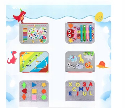 TABLICA Manipulacyjna Sensoryczna MONTESSORI Zegar Walizka Materiałowa 8w1