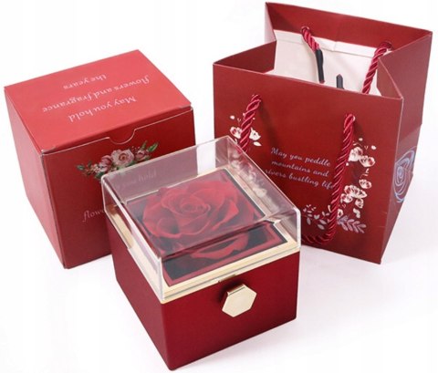 WIECZNA RÓŻA W Pudełku Obrotowym Szkatułka + Naszyjnik DZIEŃ KOBIET PREZENT